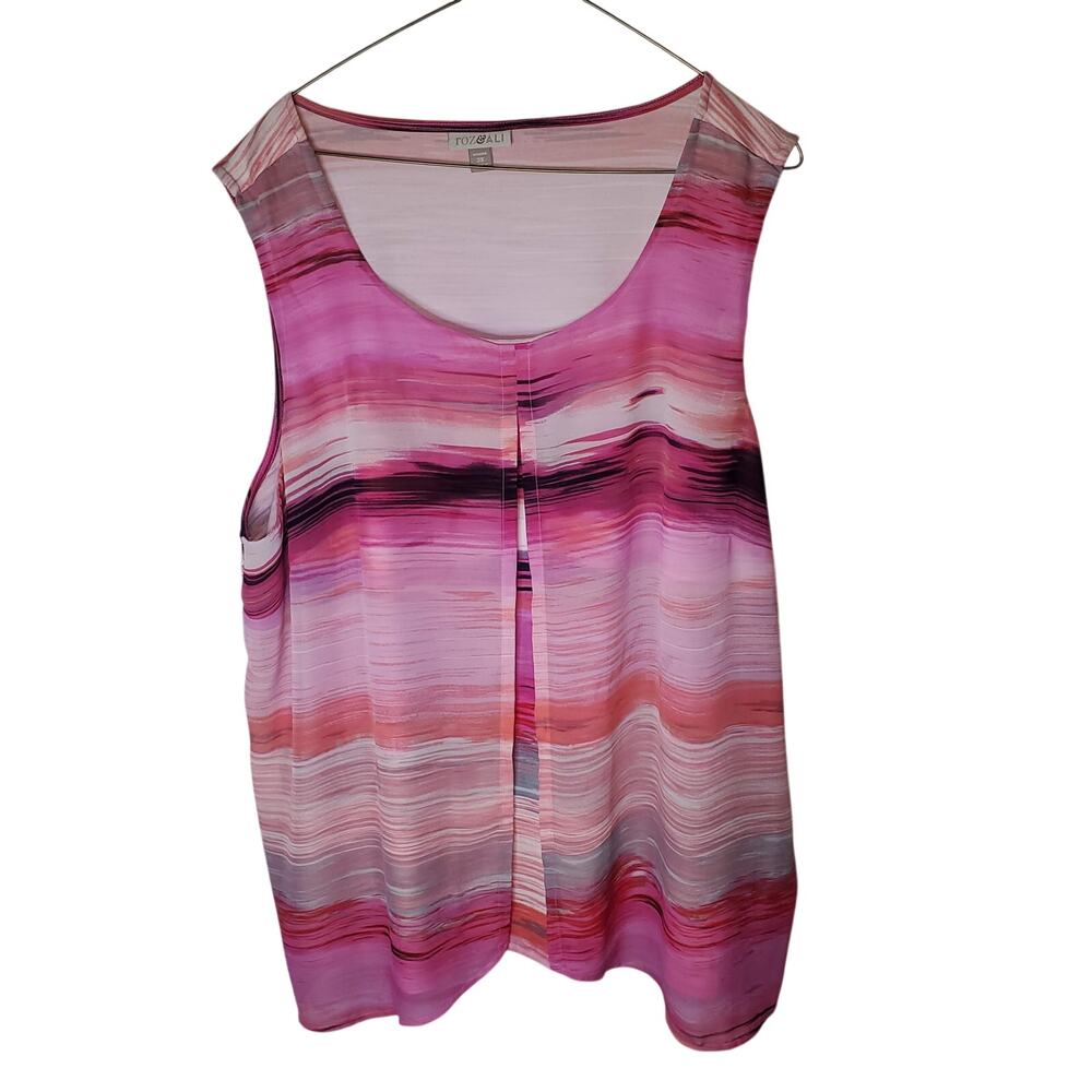 Roz & Ali 3X Pink Watercolor Abstract Sleeveless Blouse Open Pleated Front Flowy
